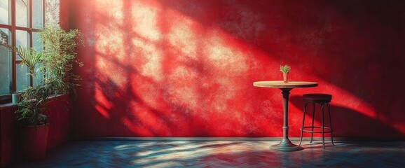 Red Wall with Table and Stool in Sunlight