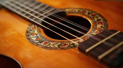 Obraz premium Close-up view of a beautifully crafted acoustic guitar showcasing intricate woodwork and design details in warm lighting