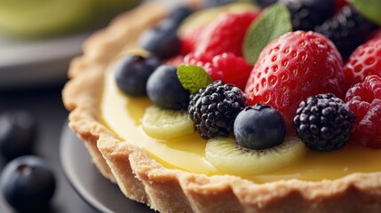 A colorful fruit tart featuring assorted berries and fresh kiwi on a dark plate, perfect for a summer dessert gathering