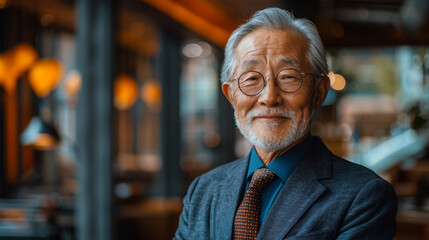 Senior Mature Asian Businessman in Formal Wear, Confident in Office Setting, Professional Business Attire, Emphasizing Confidence and Success during Daytime, Portrait of Successful Executive