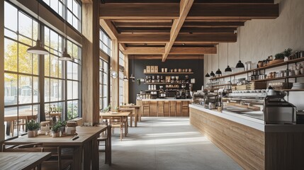 A coffee shop interior featuring wooden beams and large, open spaces, creating a rustic and welcoming atmosphere with plenty of room for patrons.