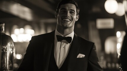 A well-dressed man smiling warmly in formal attire at an upscale bar during a lively evening gathering