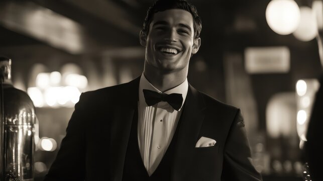 A well-dressed man smiling warmly in formal attire at an upscale bar during a lively evening gathering