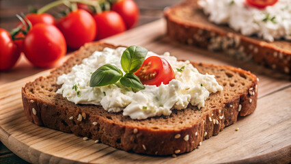 Fresh bread topped with cottage cheese, cherry tomatoes served on a rustic table. Healthy low fat cream cheese and chives on bread. Homemade grain bread, healthy breakfast, snacks, vegetarian food