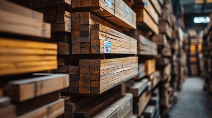 Fototapeta premium Stacks of Wooden Planks in a Warehouse with Depth of Field Effect Highlighting Industrial Lumber Storage