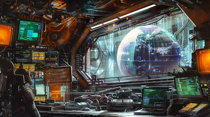 Futuristic Sci-Fi Workspace with High-Tech Computers and Holographic Globe Display in Space Station Control Room, Illustration