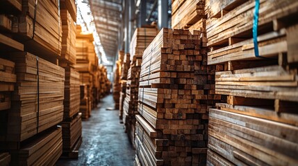 Fototapeta premium Stacks of Wooden Planks in a Warehouse with Sunlight Streaming Through the Roof