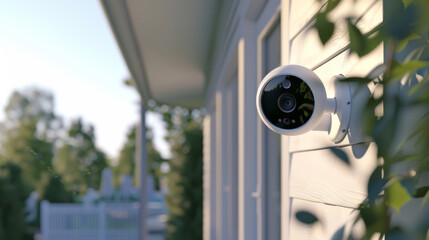 Security camera mounted on house wall for outdoor surveillance, background