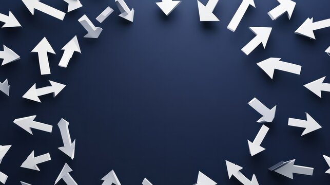 Circular composition of multiple white arrows pointing inward, converging at the center, conveying reversal, cancellation, or undoing, on a dark blue background.