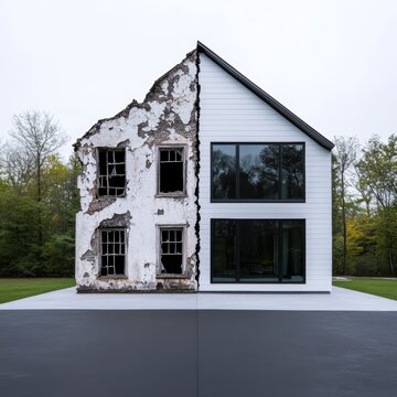 A split view of an old, dilapidated house with peeling paint and broken windows on one side, and a modern luxury home with sleek finishes and large glass windows on the other.