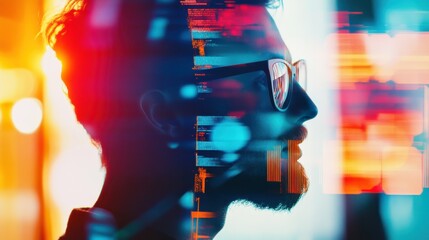 A young man with glasses is immersed in vibrant digital data visualization at a modern office space during late evening hours