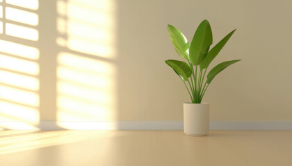 vibrant green plant in white pot adds touch of nature to minimalist interior. soft sunlight casts gentle shadows, creating serene atmosphere