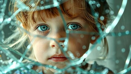 A young girl with blue eyes peers through a shattered window, her expression a mix of curiosity and apprehension