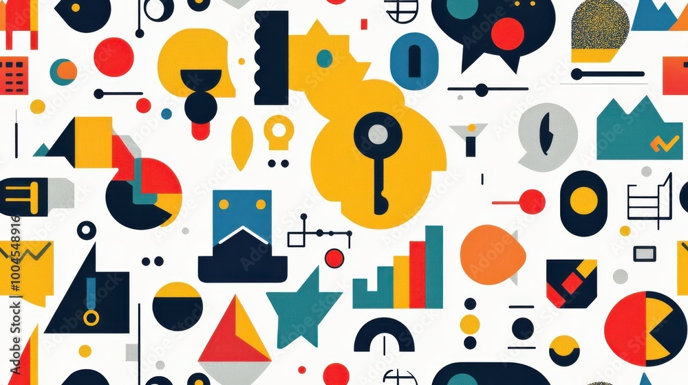 Poster Colorful abstract patterns with geometric shapes and symbols in a modern design layout