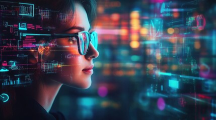 A tech enthusiast analyzing data visualizations in a futuristic digital workspace at night