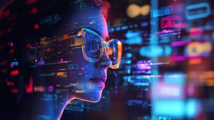 A person wearing futuristic glasses observes holographic data projections in a vibrant digital workspace at night