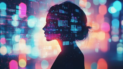 A profile of a woman blends with digital data visualization in a colorful urban environment at night