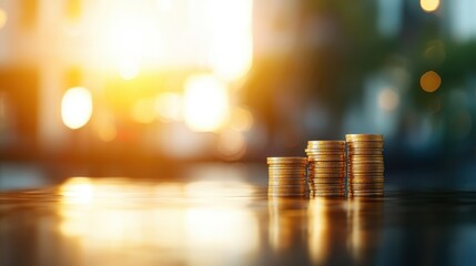 Stacks of Coins Glimmering in Golden Sunset Light