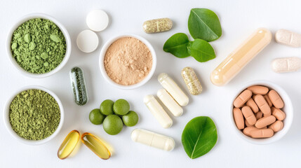 Holistic healing with organic ingredients showcases various supplements and powders. vibrant colors and natural elements evoke sense of wellness and vitality