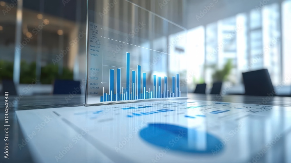 Poster Modern office space showcasing a digital bar graph and pie chart on a clear presentation stand during a business meeting