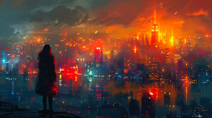 Mysterious Woman Overlooking Futuristic Cityscape at Night with Vibrant Colorful Lights and Illuminated Skyscrapers in Cyberpunk Setting