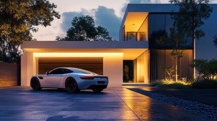 Modern luxury sports car parked outside a contemporary home during twilight with soft outdoor lighting creating an elegant atmosphere