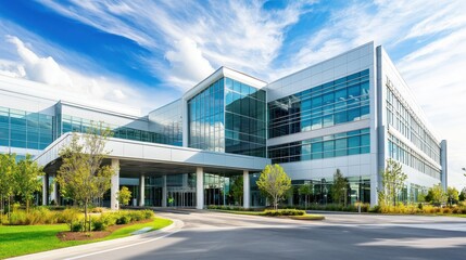 Modern office building with large glass windows and lush landscaping on a sunny day