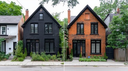 An old house with rusty gutters and cracked walls, shown before and after its transformation into a luxury residence with new siding, large windows, and elegant landscaping.