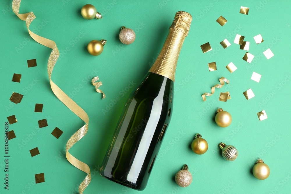 Canvas Prints Bottle of sparkling wine, confetti and Christmas balls on green background, flat lay