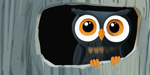 Owl peering out of tree hollow with large eyes visible, animal illustration