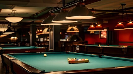 Pool Table Game Room Interior Design With Lights And Balls