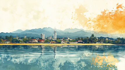 Fototapeta premium Puntarenas, Costa, color pen pencil hand-drawn effect drawing illustration for travel poster, card, wallpaper, backdrop or banner. Modern, clear, artistic and simple