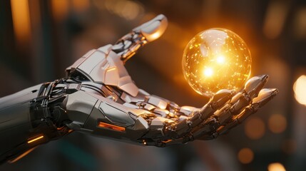 Futuristic robot hand displaying a glowing energy orb, symbolizing advanced technology and innovation.
