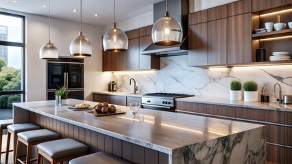 Sleek Modern Kitchen with Large Marble Island