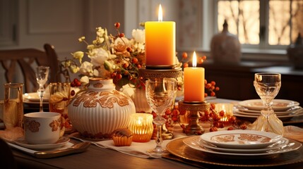 Elegant new year s table setting with dishes, candles, and festive decorations for celebration