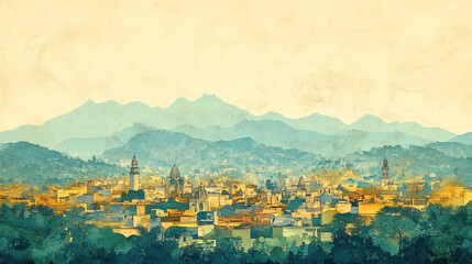 Quetzaltenango, Guatemala, color pen pencil hand-drawn effect drawing illustration for travel poster, card, wallpaper, backdrop or banner. Modern, clear, artistic and simple