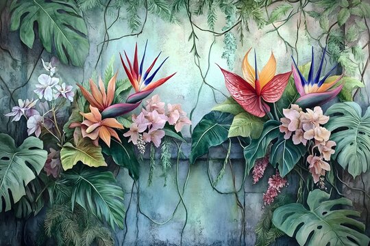 Lush and dramatic floral arrangement featuring exotic blooms like birds of paradise proteas