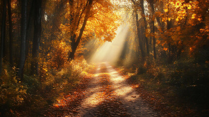 Naklejka premium A peaceful photograph of a forest path covered in autumn leaves, with sunlight streaming through the trees.