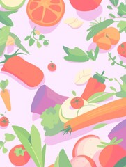 A flat vector illustration of various healthy food items including fruits, vegetables, and smoothies
