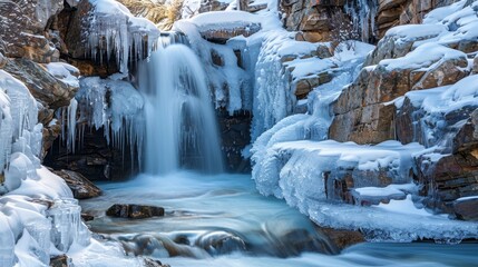 Stunning winter landscape  ice frozen waterfall cascading down icy rocks amidst snowy serenity