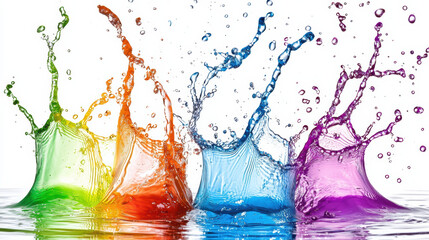 Colorful water splashes create vibrant display, showcasing dynamic movement and energy. vivid hues of green, orange, blue, and purple blend beautifully, capturing essence of fluidity and joy