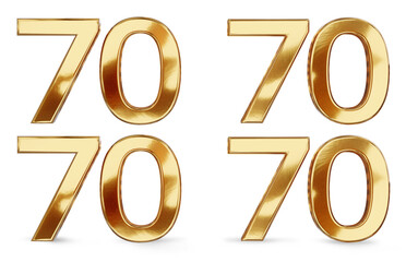 70 golden 3d render symbol, flat without shadow and shadow on the ground, standing,
