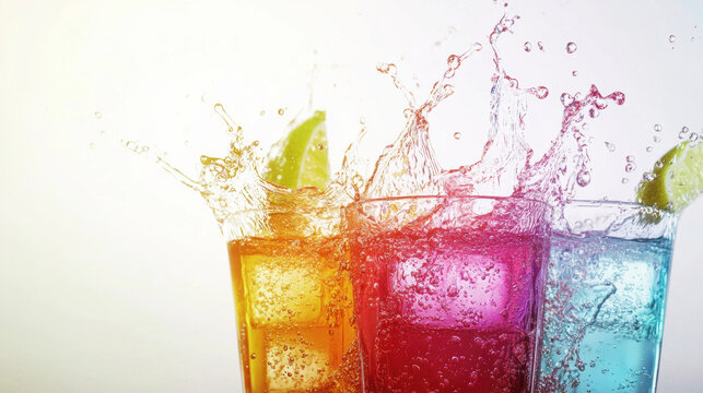 Colorful drinks splash together, creating vibrant and refreshing scene. mixture of bright hues and dynamic water droplets evokes sense of joy and celebration
