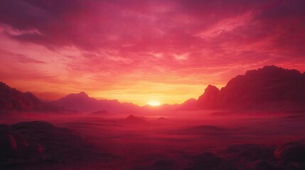 Fototapeta premium A vibrant sunset casts a warm glow over a dramatic desert landscape, creating a scene of ethereal beauty.