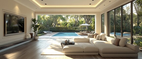 Modern living room with large windows overlooking a swimming pool and lush green garden