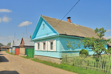 View of wooden houses in the town of Raków in Belarus, formerly Polish territory