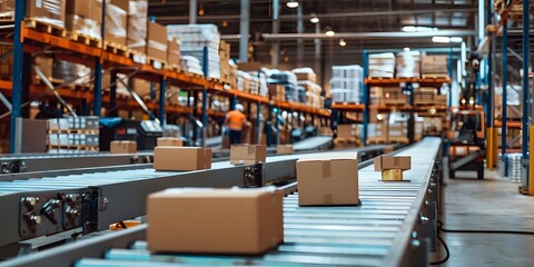 Active warehouse with a conveyor belt system and packages being sorted by workers