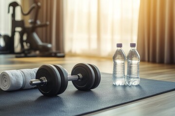 Dumbbell, Water Bottles and Yoga Mat in a Gym