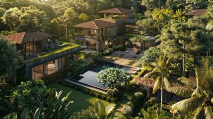 Experience opulent living with this captivating aerial view of a luxurious house and meticulously designed garden, showcasing exquisite landscape architecture and lush greenery.,