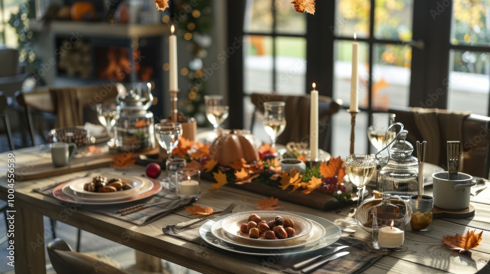 Poster a table with a pumpkin on it and candles in the middle